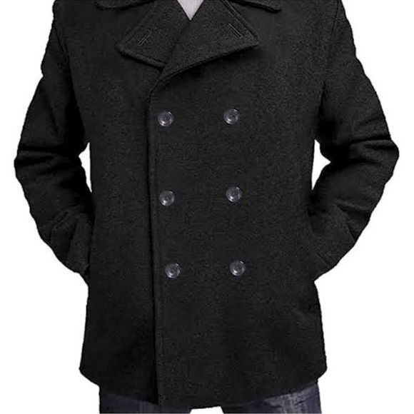 Y2K Express wool pea coat black classic double breasted biased zippered pockets - Picture 1 of 16